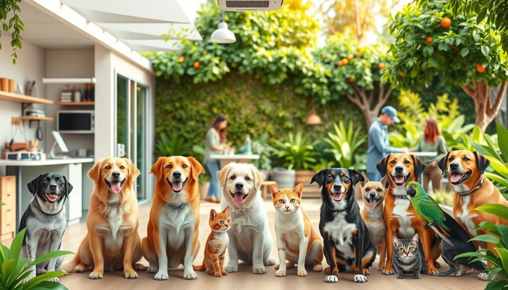 A vibrant, welcoming scene depicting the "Woodstock Veterinary Hospital" and its pet wellness programs. In the foreground, a group of happy, healthy pets - dogs, cats, and even a playful parrot - engage in enrichment activities like grooming, obedience training, and playtime. The middle ground showcases the modern, well-equipped clinic with its caring staff attending to the animals' needs. In the background, a lush, verdant garden oasis provides a peaceful, natural setting, promoting a holistic approach to animal wellness. Warm, soft lighting and a joyful, uplifting atmosphere convey the importance of preventative care and the foundational role of wellness programs in maintaining pet health and longevity.