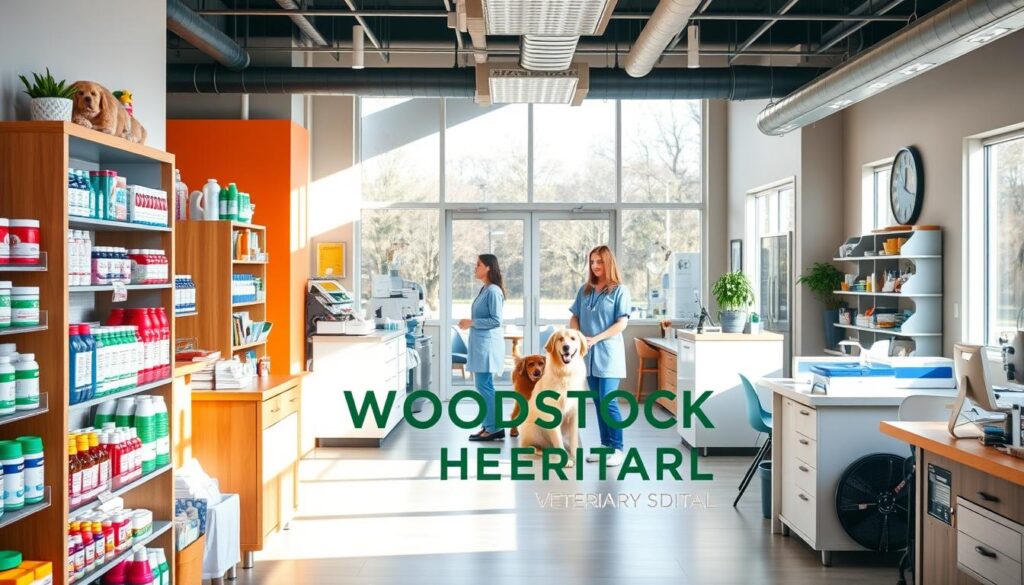 A vibrant, well-equipped veterinary clinic with the Woodstock Veterinary Hospital sign prominently displayed. The foreground showcases various pet care products and wellness resources, while the middle ground features friendly staff interacting with happy, healthy pets. The background depicts a modern, inviting interior with natural lighting streaming through large windows, creating a calming atmosphere. The overall scene conveys a sense of comprehensive pet wellness programs tailored to the needs of the local Woodstock, GA community.